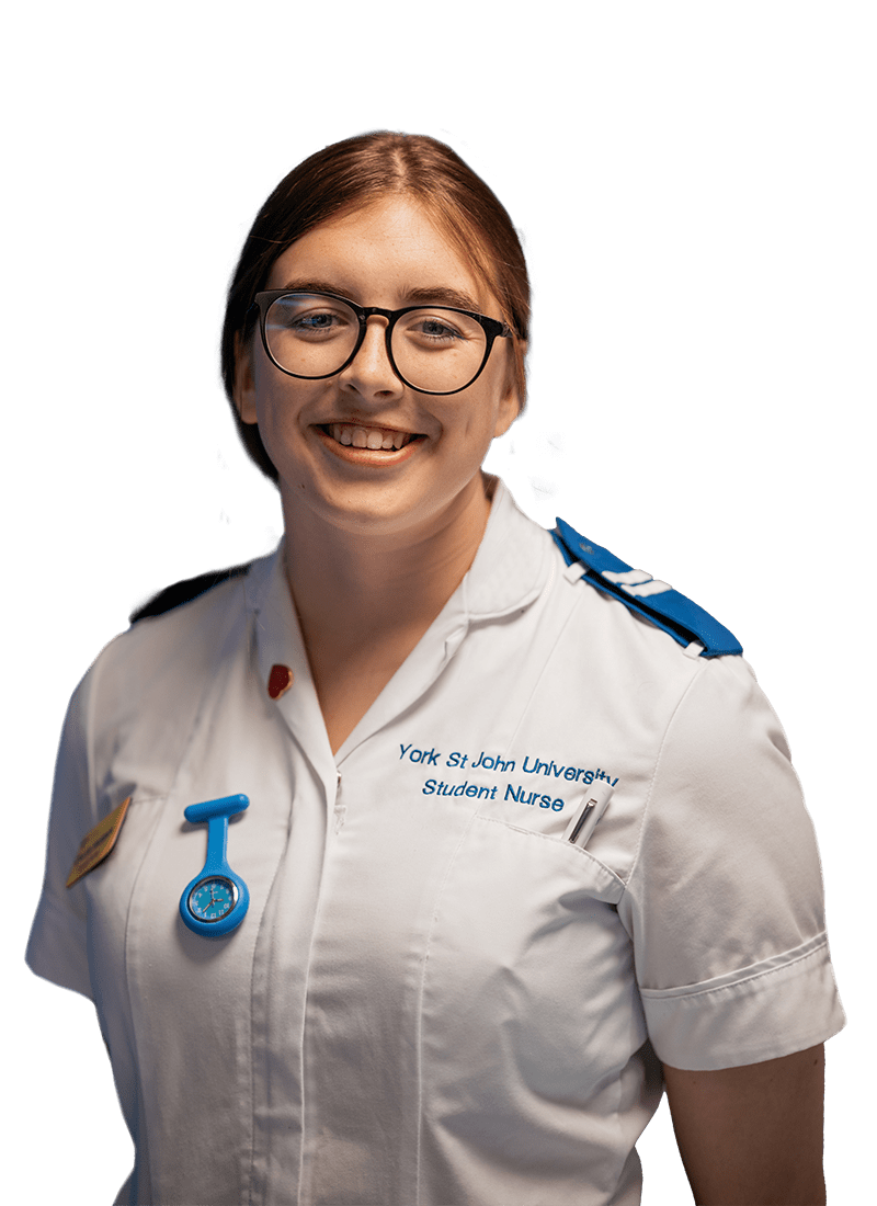 Female nursing student wearing glasses, she is wearing her nurses uniform and smiling at the camera