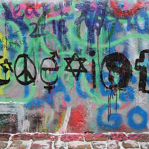 Religious symbols on a background of graffiti